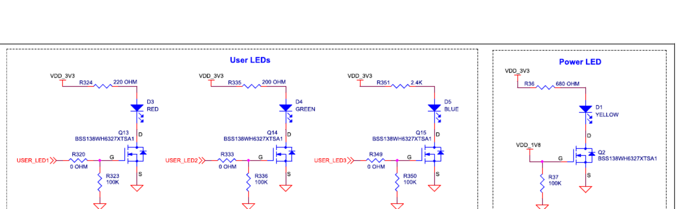 ผังวงจร LED ผู้ใช้บนบอร์ด Eva Kit ที่ขับผ่านทรานซิสเตอร์ สั่ง 1 แล้วไฟติด
