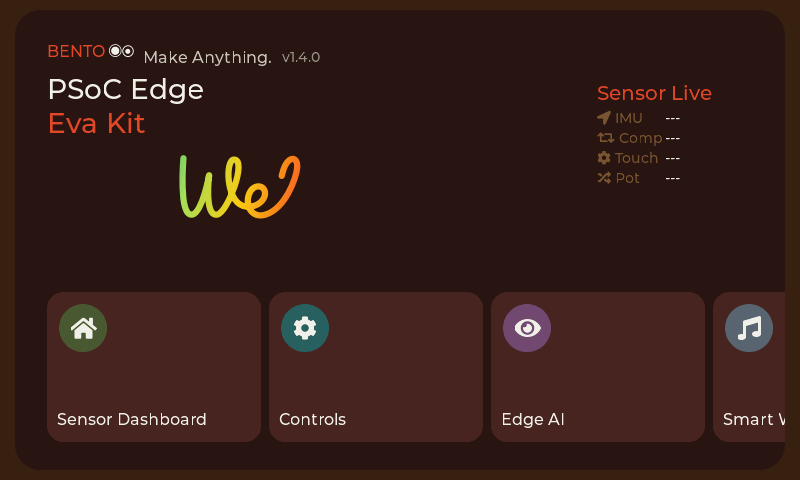 ภาพถ่ายหน้า Home ของบอร์ดหลังเปิดเครื่อง การ์ดเมนูเรียงเป็นตาราง ยังไม่ต่อ WiFi