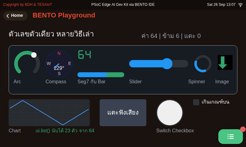 หน้าจอจาก BENTO Emulator ของ 15_one_number_many_faces.py ตัวเลขเดียวขับ widget ทุกตัวบนจอ