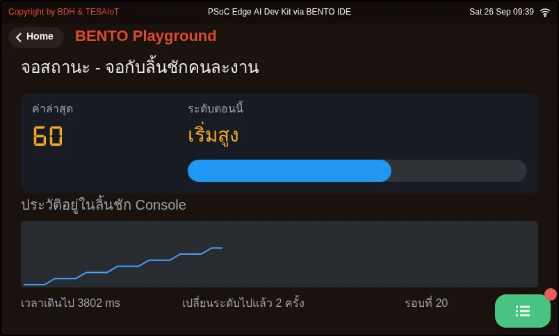 จอของ examples/08_status_screen.py ขณะรันใน BENTO Emulator: จอสถานะหนึ่งใบ ที่สามโมดูลแบ่งงานกันทำ