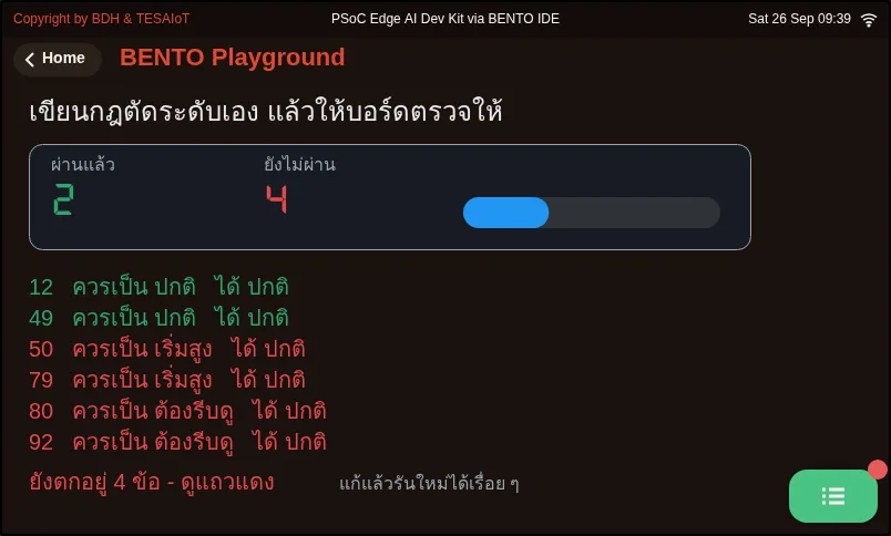 จอของ examples/09_your_level_rule.py ขณะรันใน BENTO Emulator: ไฟล์นี้รันได้ แต่ยังตอบผิดทุกข้อ งานของคุณคือทำให้มันถูก