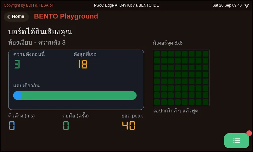 จอของ examples/14_the_board_hears_you.py ขณะรันใน BENTO Emulator: พูดใส่บอร์ด แล้วดูมันขยับตาม