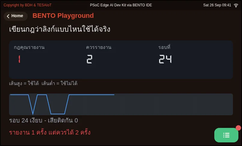 จอของ examples/03_your_link_rule.py ขณะรันใน BENTO Emulator: ไฟล์นี้รันได้ แต่มันมองไม่เห็นปัญหาแบบที่สอง