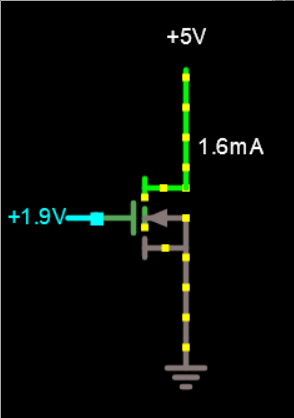ภาพเคลื่อนไหว MOSFET ชนิด n-channel enhancement ที่นำกระแสเมื่อแรงดัน gate สูงพอ