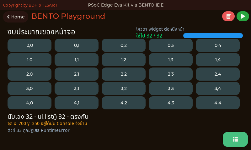 ภาพถ่ายจอบอร์ด Eva Kit ขณะรัน 06_layout_budget.py ที่นับงบ widget บนจอ