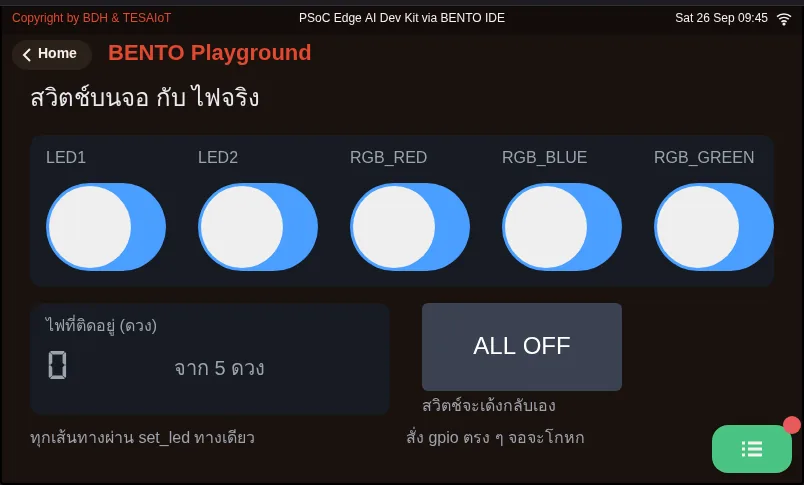 จอของ examples/03_switch_matches_led.py ขณะรันใน BENTO Emulator: จอกับไฟจริงต้องพูดตรงกันเสมอ