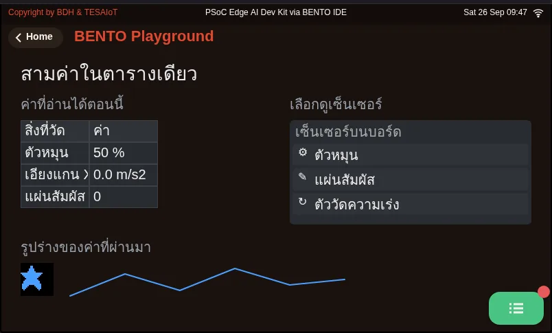 จอของ examples/12_table_and_list.py ขณะรันใน BENTO Emulator: หลายค่าพร้อมกัน ต้องเป็นตาราง ไม่ใช่ป้ายเรียงกัน