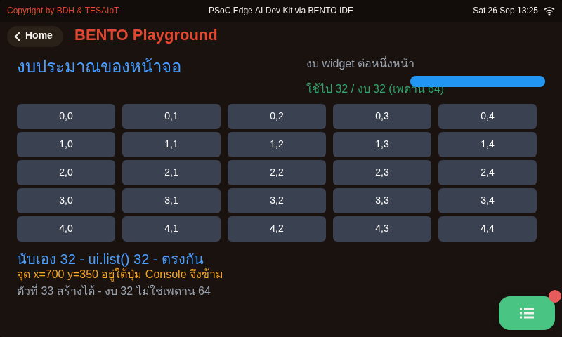 หน้าจอของ 06_layout_budget.py: พื้นที่ 792x398 กับงบ widget: งบของคอร์ส 32 ตัว (เพดานเฟิร์มแวร์ 64)