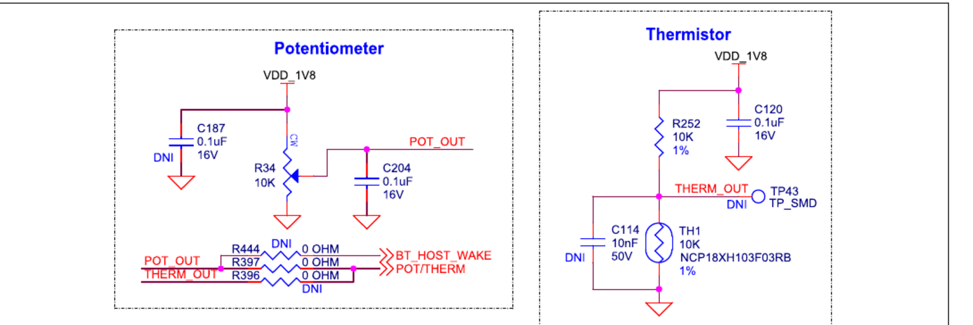ผังวงจรลูกบิดและเทอร์มิสเตอร์ของบอร์ด Eva Kit ที่ต่อเข้าขา ADC