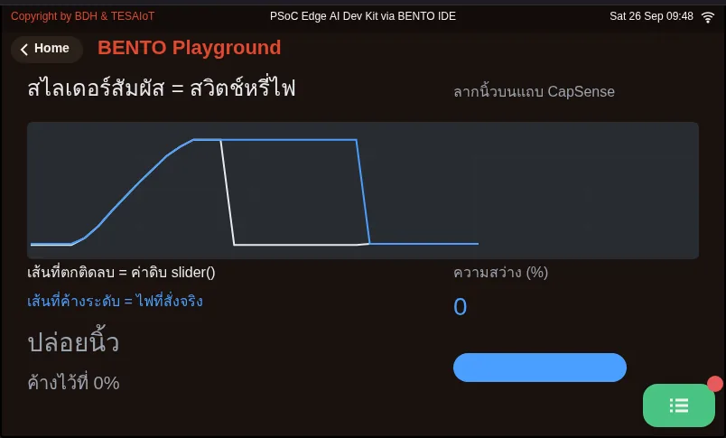 จอของ examples/01_capsense_dimmer.py ขณะรันใน BENTO Emulator: สไลเดอร์สัมผัสเป็นสวิตช์หรี่ไฟ