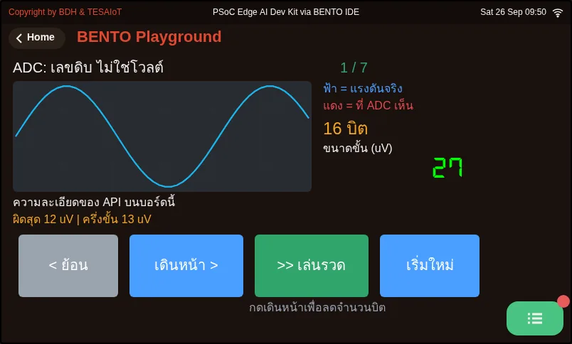 จอของ examples/05_adc_counts_to_volts.py ขณะรันใน BENTO Emulator: เลขดิบจาก ADC ไม่ใช่แรงดัน มันคือจำนวนขั้น
