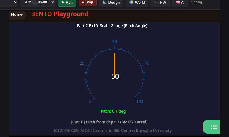 หน้าจอจาก Emulator ของ ex10_scale_pitch.py หน้าปัดวงกลมที่มีเข็มชี้มุม pitch
