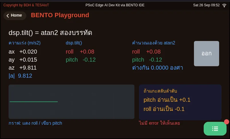 จอของ examples/03_tilt_from_gravity.py ขณะรันใน BENTO Emulator: dsp.tilt() ทำอะไรกับสามตัวเลข และทำไมลำดับถึงสำคัญ