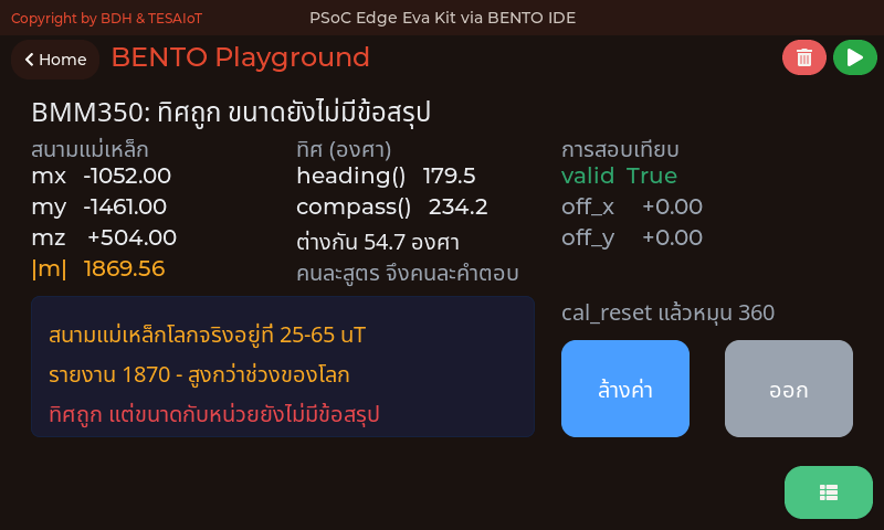 หน้าจอของ 04_compass_and_magnetometer.py: เข็มทิศบนบอร์ด และตัวเลขหนึ่งตัวที่ยังไม่มีใครตอบได้