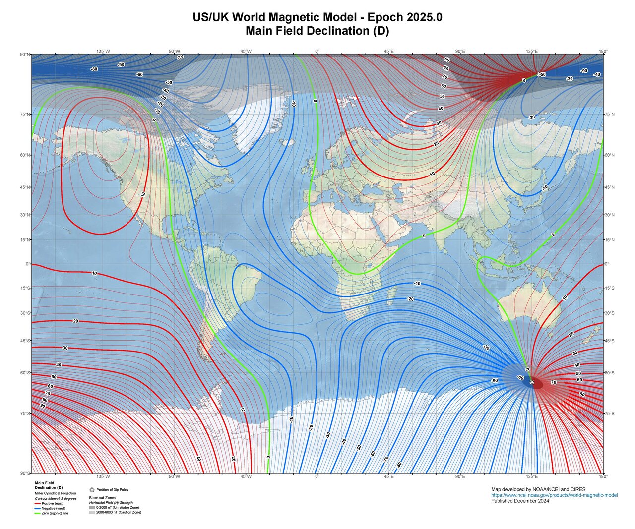 แผนที่โลกแสดงค่าเบี่ยงเบนแม่เหล็ก (declination) ปี 2025 เป็นเส้นชั้นค่า