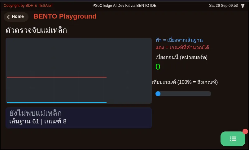 จอของ examples/04_magnet_presence.py ขณะรันใน BENTO Emulator: ตรวจว่ามีแม่เหล็กอยู่ใกล้หรือไม่