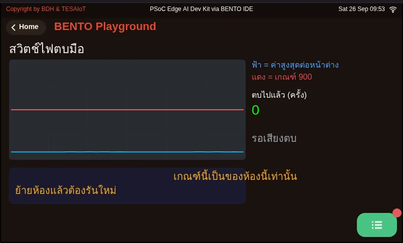 จอของ examples/03_mic_clap_trigger.py ขณะรันใน BENTO Emulator: ตบมือแล้วไฟสลับ
