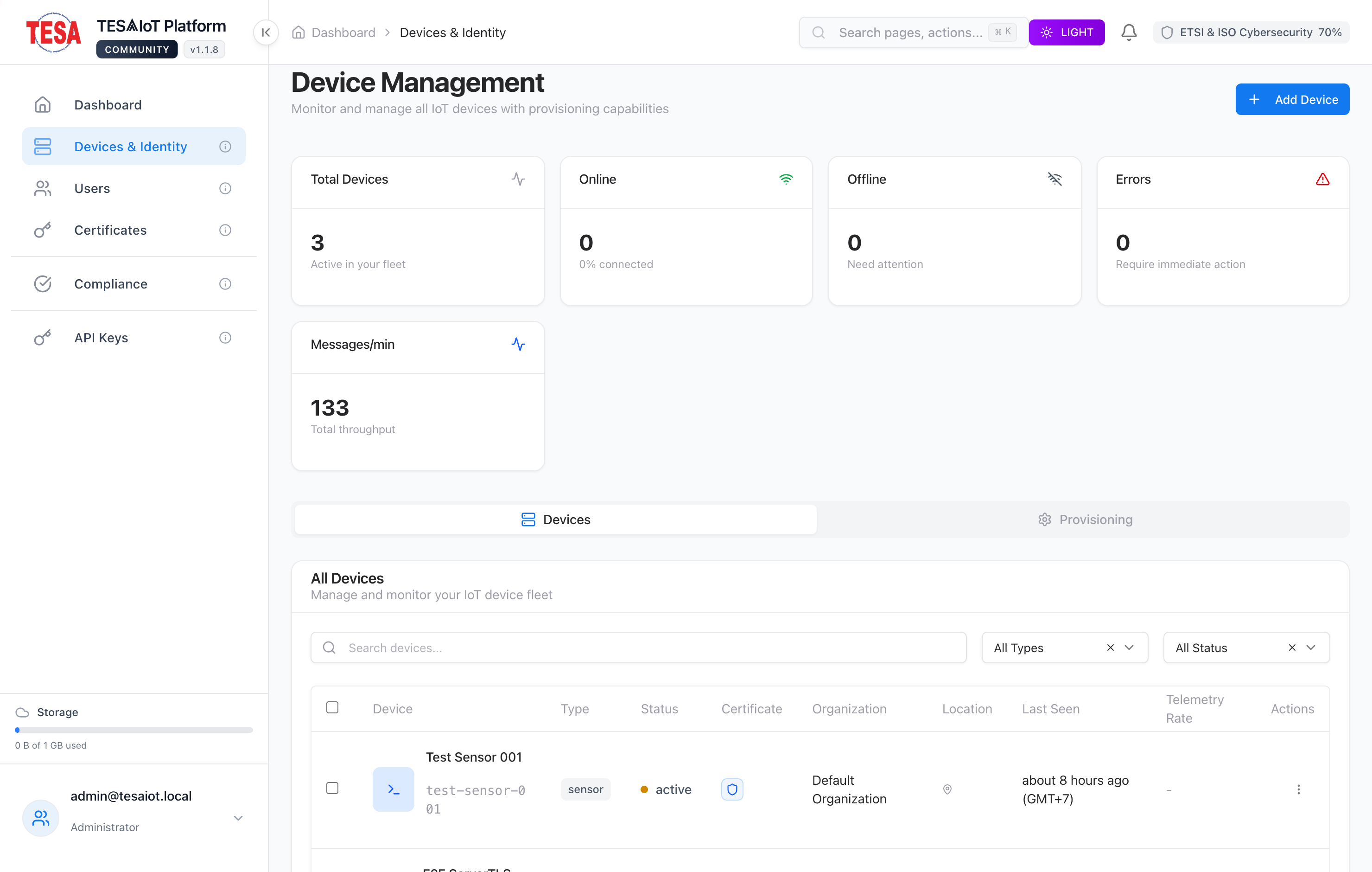 หน้าจอรายการอุปกรณ์ (Devices) ของ TESAIoT Community Edition