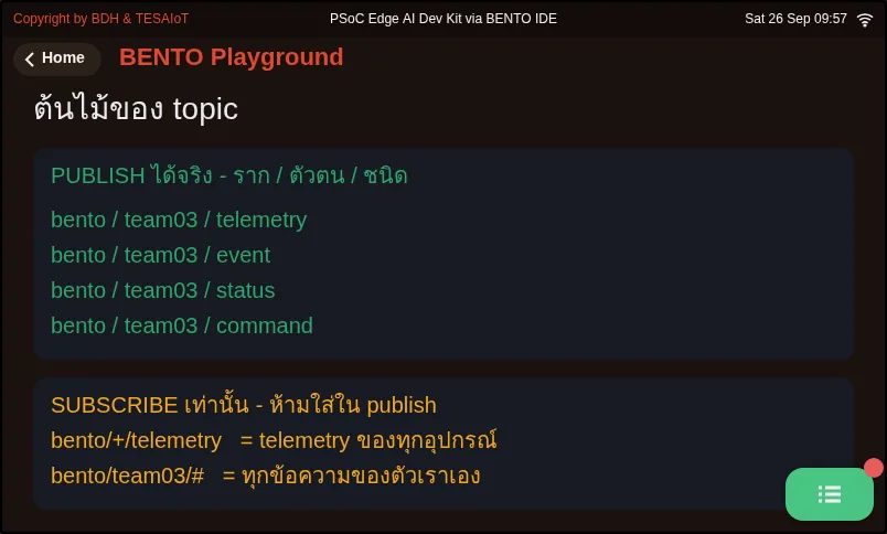 จอของ examples/01_topic_design.py ขณะรันใน BENTO Emulator: ออกแบบชื่อ topic ก่อนเขียนโค้ดส่ง