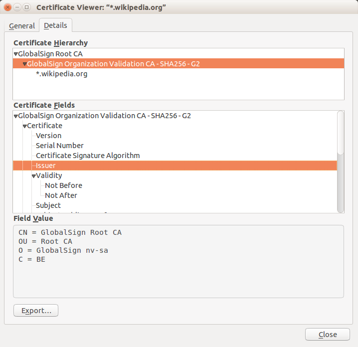 หน้าต่างรายละเอียดใบรับรองดิจิทัลในเบราว์เซอร์ แสดงช่อง Issuer Validity และ Subject