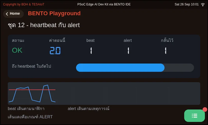 จอของ examples/04_heartbeat_and_alert.py ขณะรันใน BENTO Emulator: ข้อความสองชนิด สองจังหวะ คนละหน้าที่