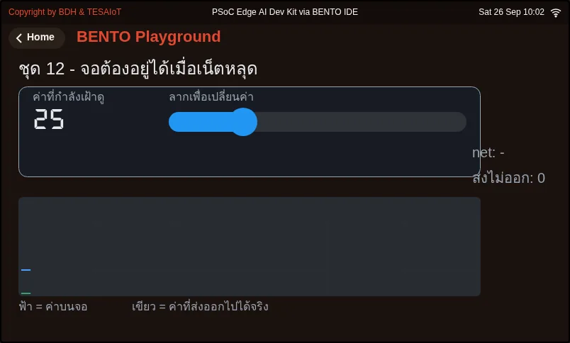 จอของ examples/05_hmi_survives_offline.py ขณะรันใน BENTO Emulator: เน็ตหลุดแล้วจอต้องยังทำงาน