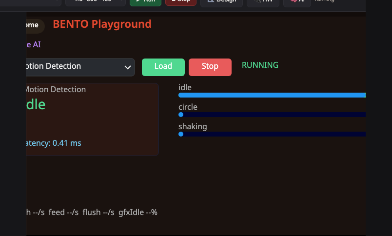หน้า Edge AI บน BENTO Emulator: dropdown เลือกโมเดล Motion Detection ปุ่ม Load และ Stop คลาสที่ชนะ idle เวลาอนุมาน และแถบความมั่นใจของ idle circle shaking
