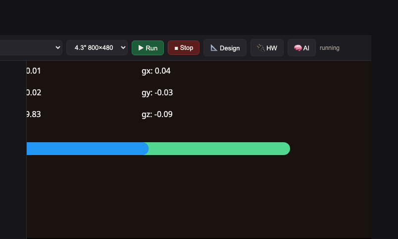 จอ BENTO Emulator ขณะรันแดชบอร์ด IMU: ค่า gx gy gz จากตัวจำลองและแถบขนาดความเร่ง