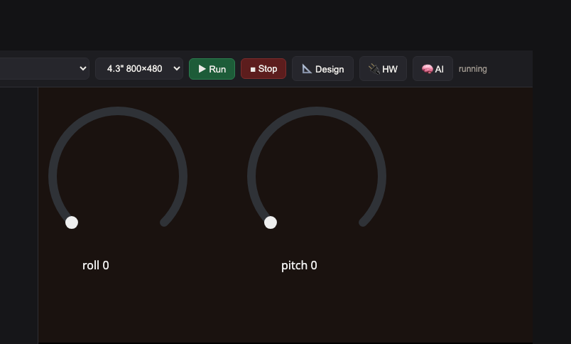 จอ BENTO Emulator: เกจโค้งสองตัวแสดงมุม roll และ pitch ที่ 0 องศา